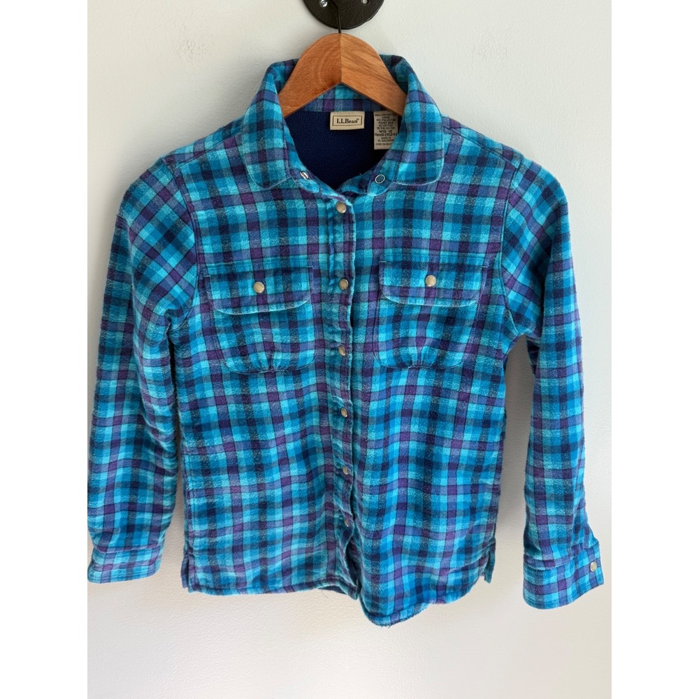 LL Bean Kids Blue Purple Plaid Fleece Lined Flannel Shirt Jacket M 10-12 295243